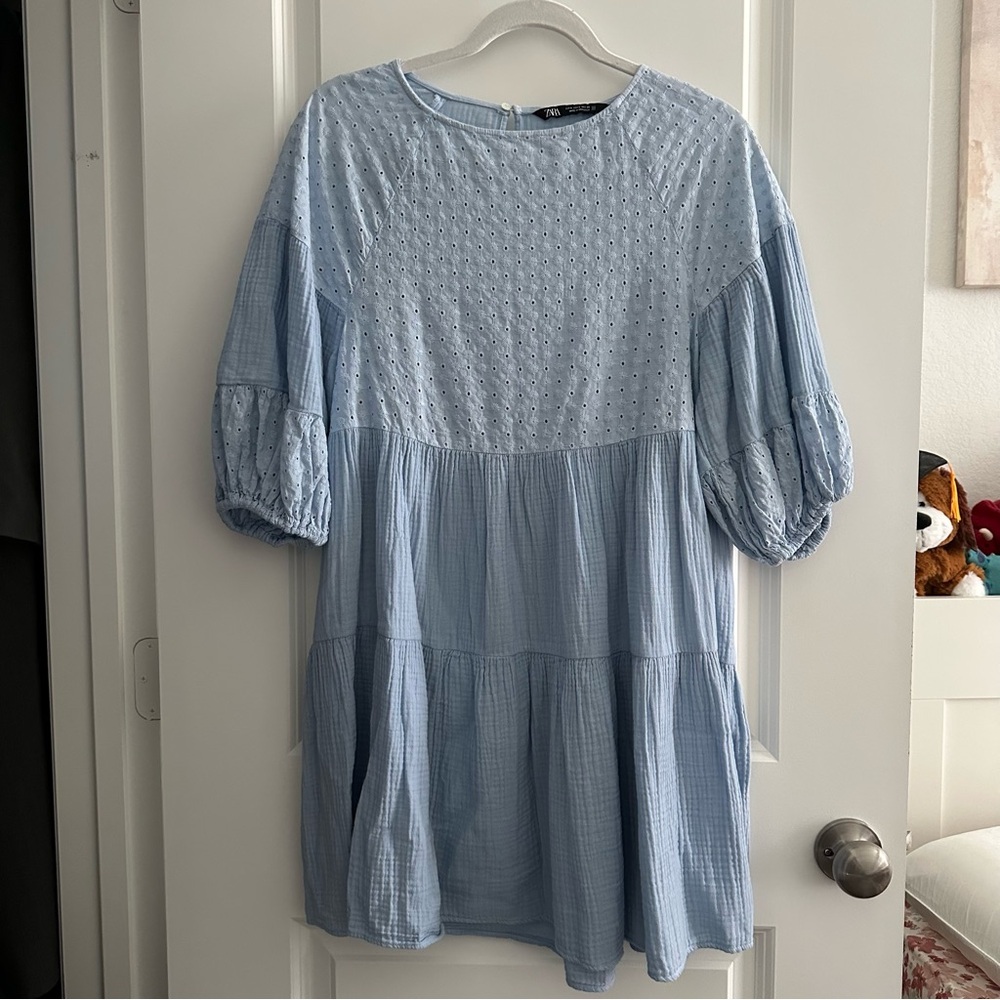 Zara Blue Tiered Dress in Small in Light Blue